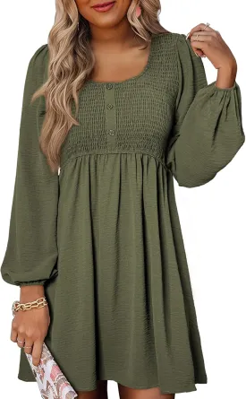 Dokotoo Womens 2025 Casual Dress Smocked Crewneck Button Up Long Sleeve Empire Waist A-Line Mini Dress