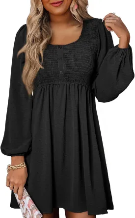 Dokotoo Womens 2025 Casual Dress Smocked Crewneck Button Up Long Sleeve Empire Waist A-Line Mini Dress