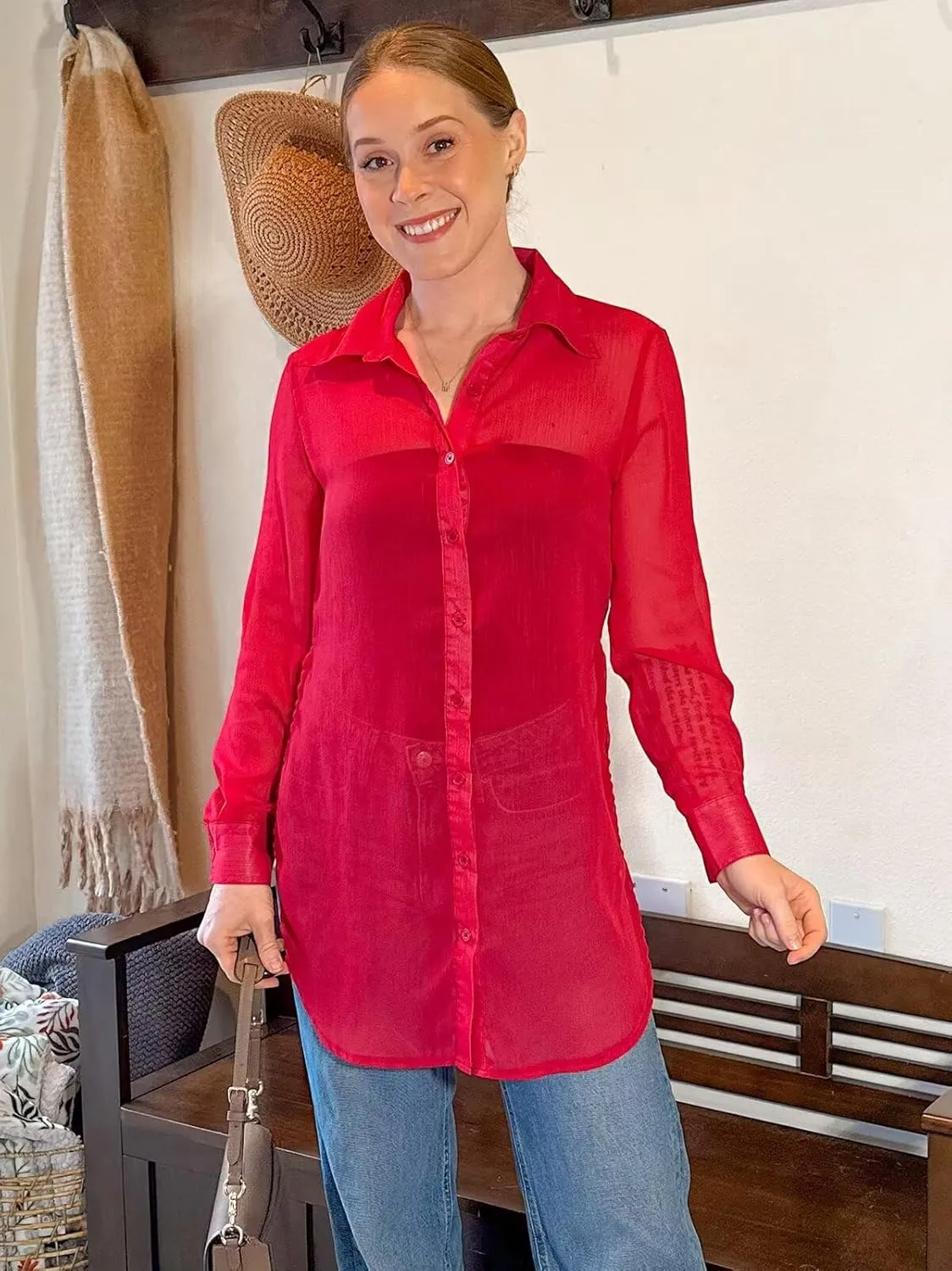 EDITCOZY Women's Sheer Cover Ups Button Up Blouse Sexy Long Sleeve Slit Hem Mesh See Through Shirts Tops