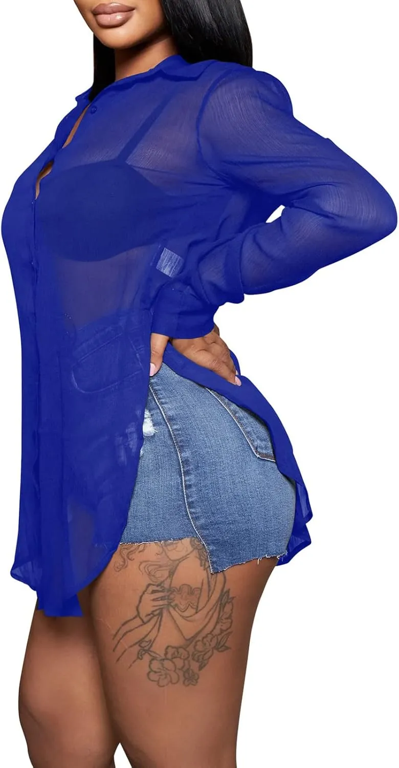 EDITCOZY Women's Sheer Cover Ups Button Up Blouse Sexy Long Sleeve Slit Hem Mesh See Through Shirts Tops