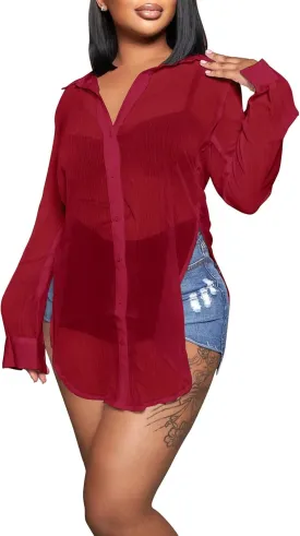 EDITCOZY Women's Sheer Cover Ups Button Up Blouse Sexy Long Sleeve Slit Hem Mesh See Through Shirts Tops