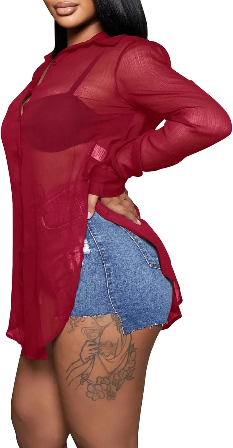 EDITCOZY Women's Sheer Cover Ups Button Up Blouse Sexy Long Sleeve Slit Hem Mesh See Through Shirts Tops
