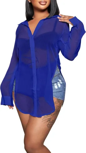 EDITCOZY Women's Sheer Cover Ups Button Up Blouse Sexy Long Sleeve Slit Hem Mesh See Through Shirts Tops