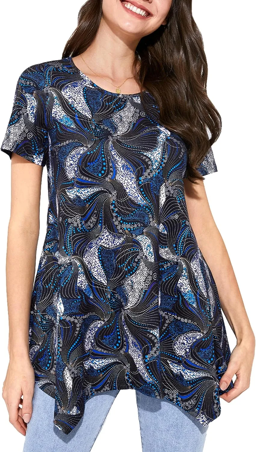 ENMAIN Tunic Tops for Women Plus Size Short Sleeve Top Loose Fit Dressy Casual Swing Summer Tunics Tops to Wear with Leggings