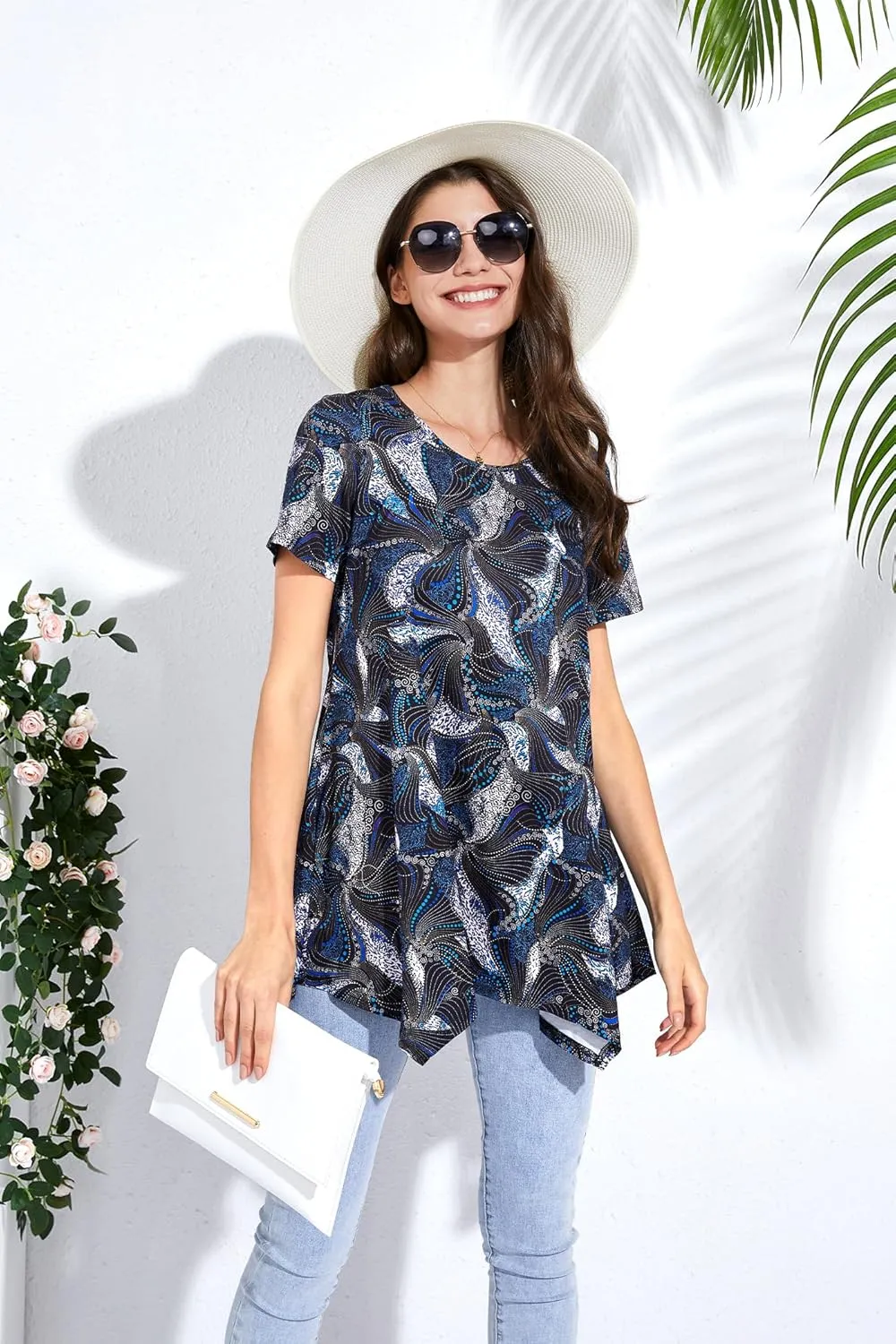 ENMAIN Tunic Tops for Women Plus Size Short Sleeve Top Loose Fit Dressy Casual Swing Summer Tunics Tops to Wear with Leggings