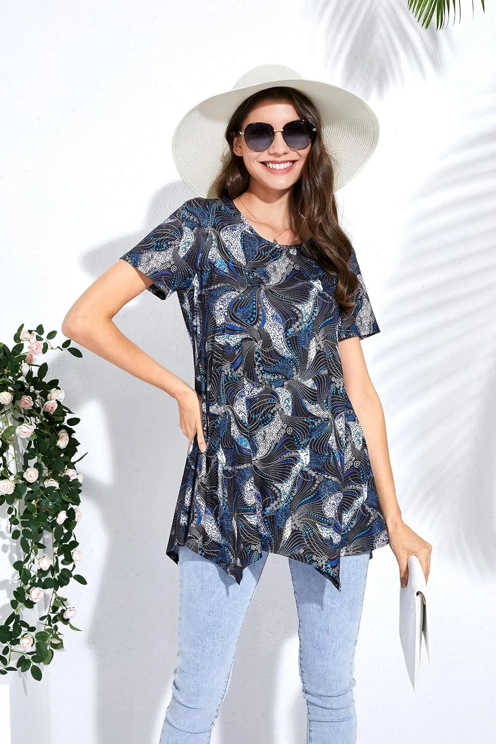 ENMAIN Tunic Tops for Women Plus Size Short Sleeve Top Loose Fit Dressy Casual Swing Summer Tunics Tops to Wear with Leggings