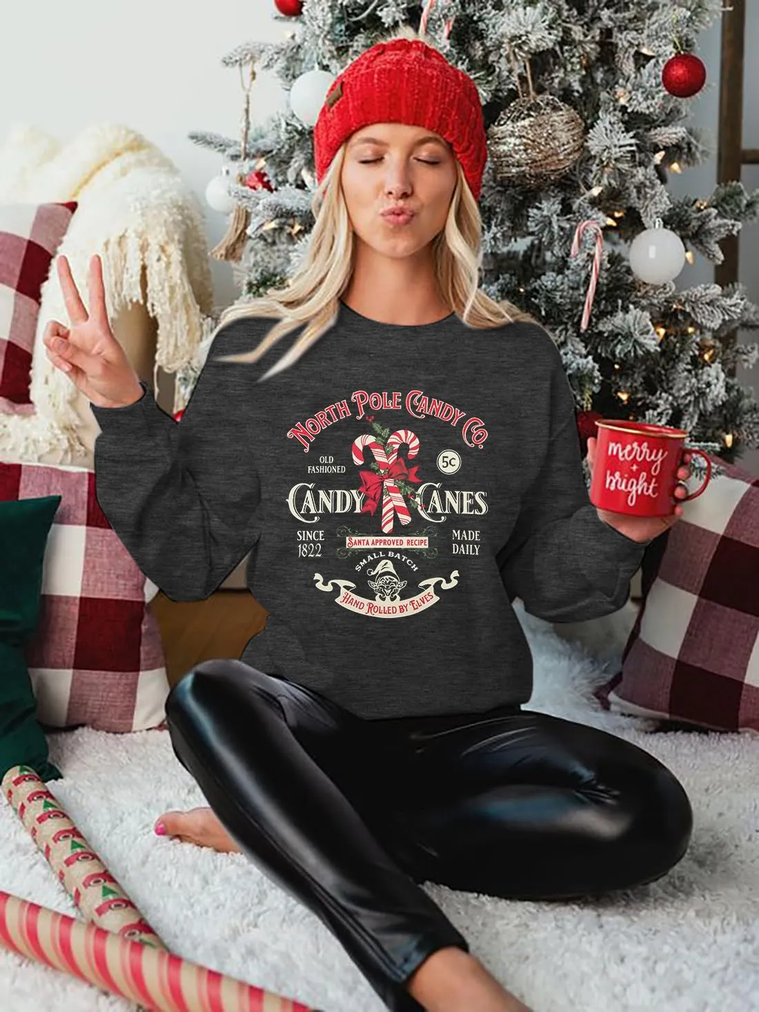 FASHGL Christmas Sweatshirts Women Candy Canes Graphic Sweatshirt Vintage Xmas Long Sleeve Shirt Pullover Tops