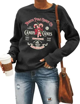 FASHGL Christmas Sweatshirts Women Candy Canes Graphic Sweatshirt Vintage Xmas Long Sleeve Shirt Pullover Tops