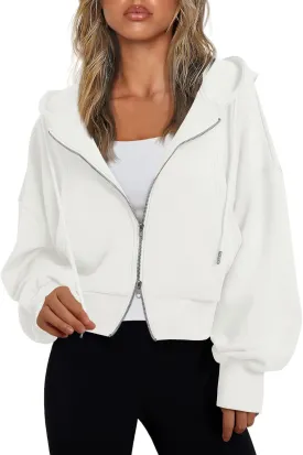 Fisoew Women's Crop Zip Up Hoodies Casual Long Sleeve Hooded Cropped Sweatshirts with Pockets
