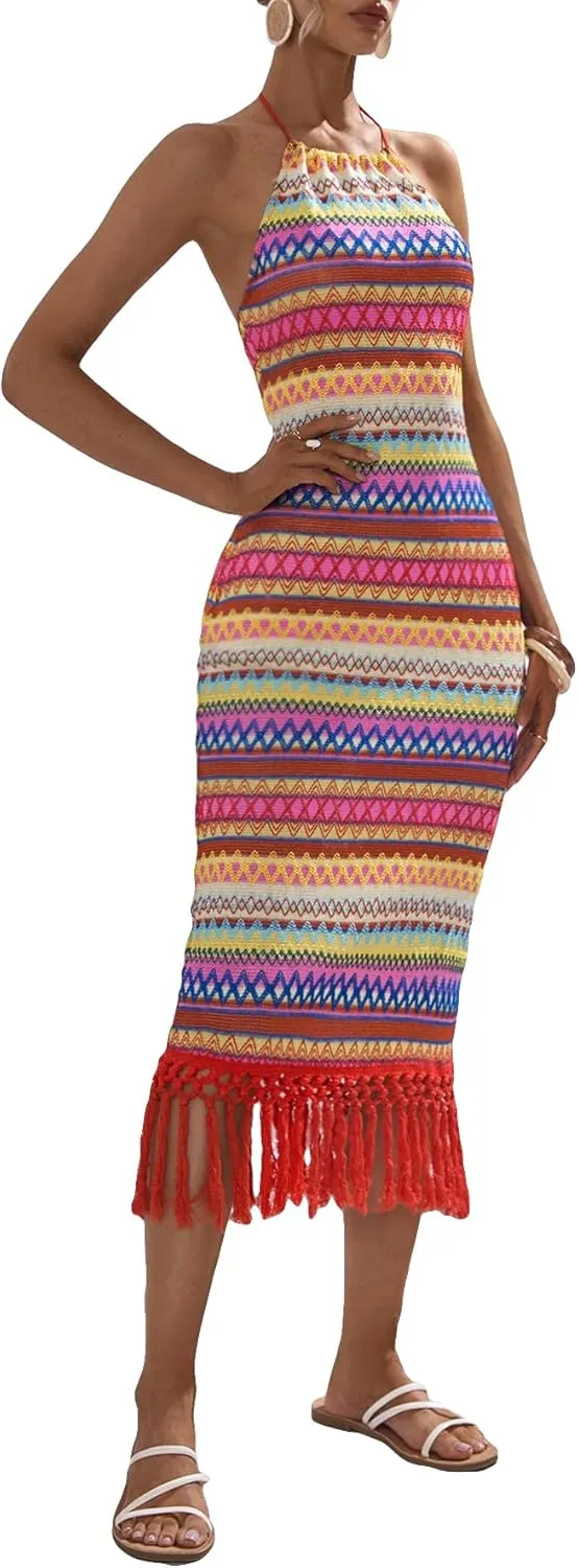 Floerns Women's Asymmetrical Fringe Hem Sleeveless Bodycon Party Long Dress