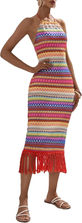 Floerns Women's Asymmetrical Fringe Hem Sleeveless Bodycon Party Long Dress