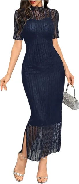 Floerns Women's Contrast Lace Mock Neck Pencil Dress Mesh Short Sleeve Slit Midi Dresses