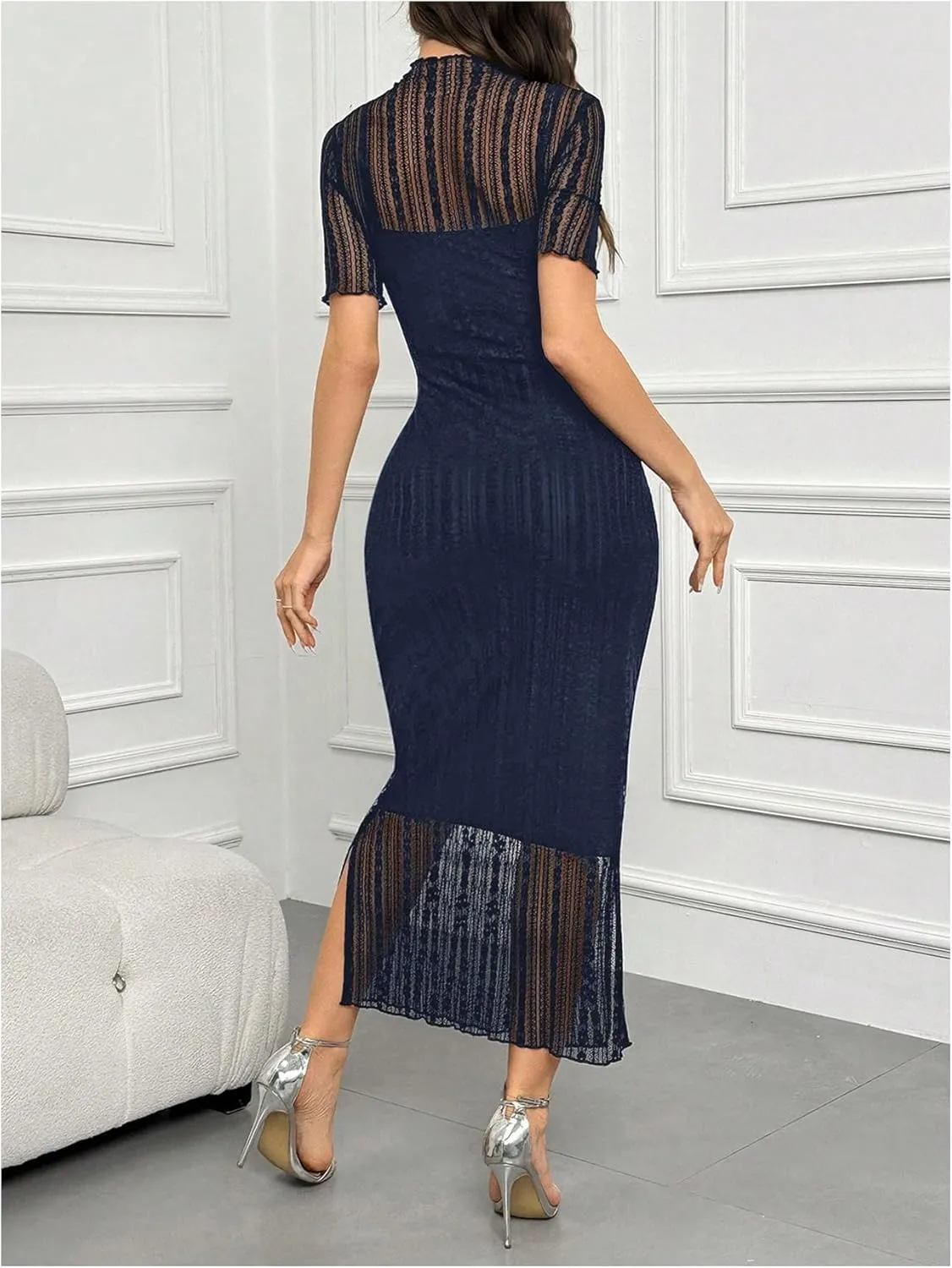 Floerns Women's Contrast Lace Mock Neck Pencil Dress Mesh Short Sleeve Slit Midi Dresses