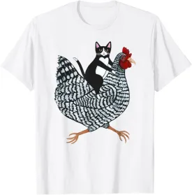 Funny Cat Riding Chicken Tuxedo Cat on a Chicken Lover T-Shirt