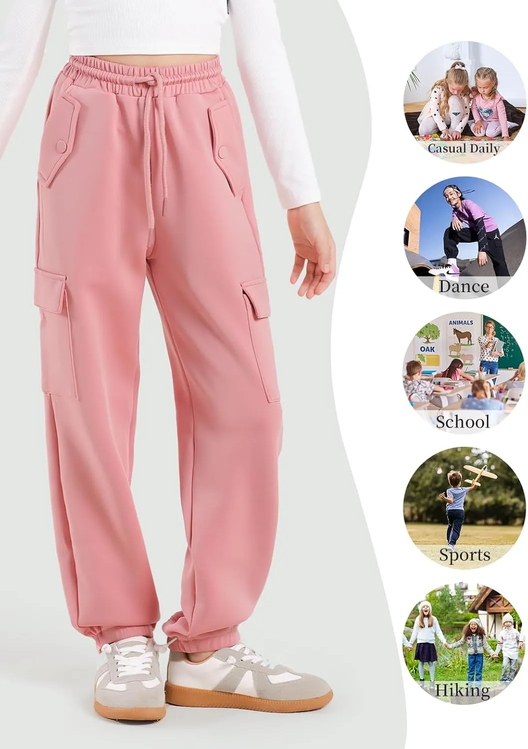 Girls Cargo Pants Joggers, Quick Dry Casual Hiking Pants Slim Fit with Pockets Drawstring High Waisted, 8-14Y