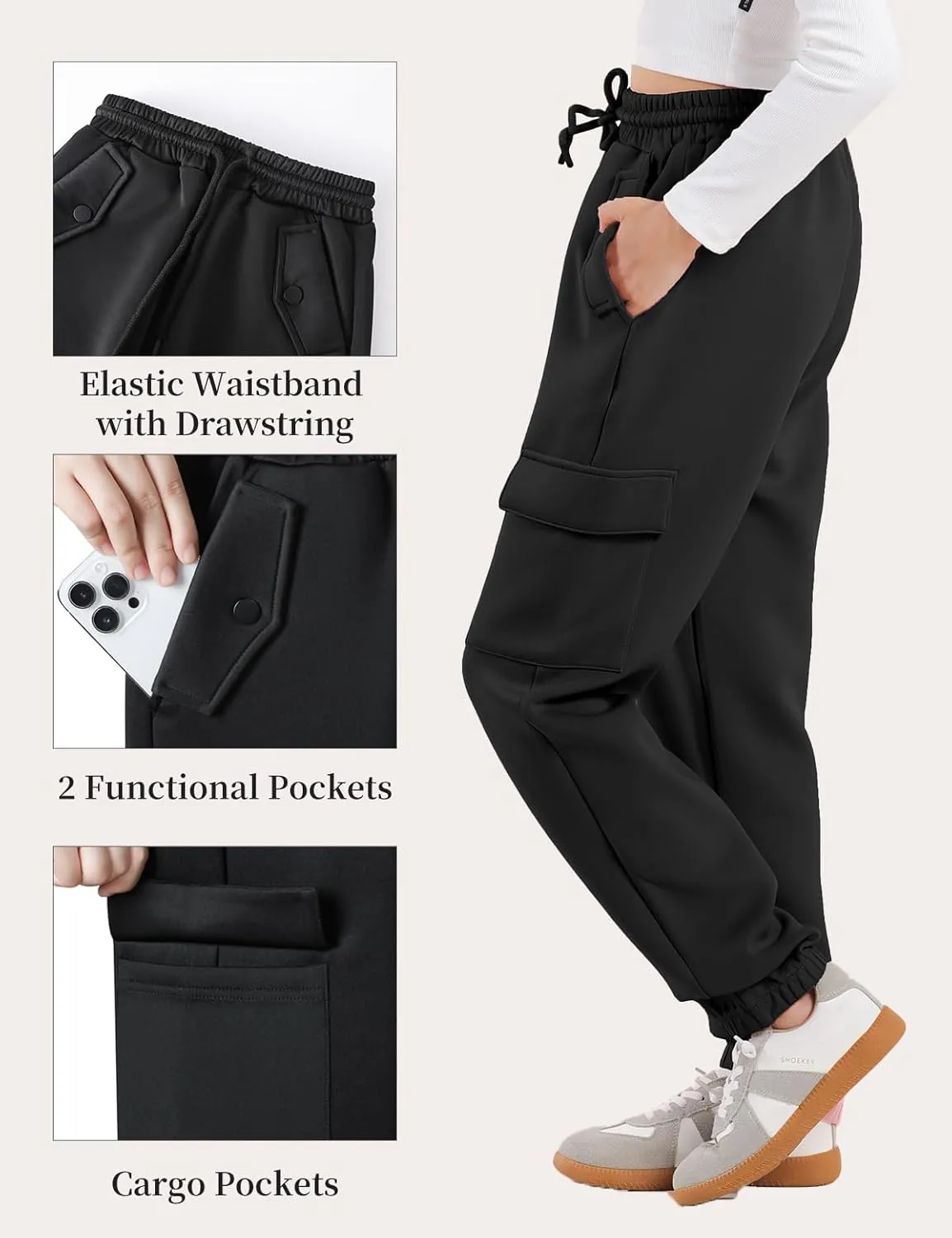 Girls Cargo Pants Joggers, Quick Dry Casual Hiking Pants Slim Fit with Pockets Drawstring High Waisted, 8-14Y