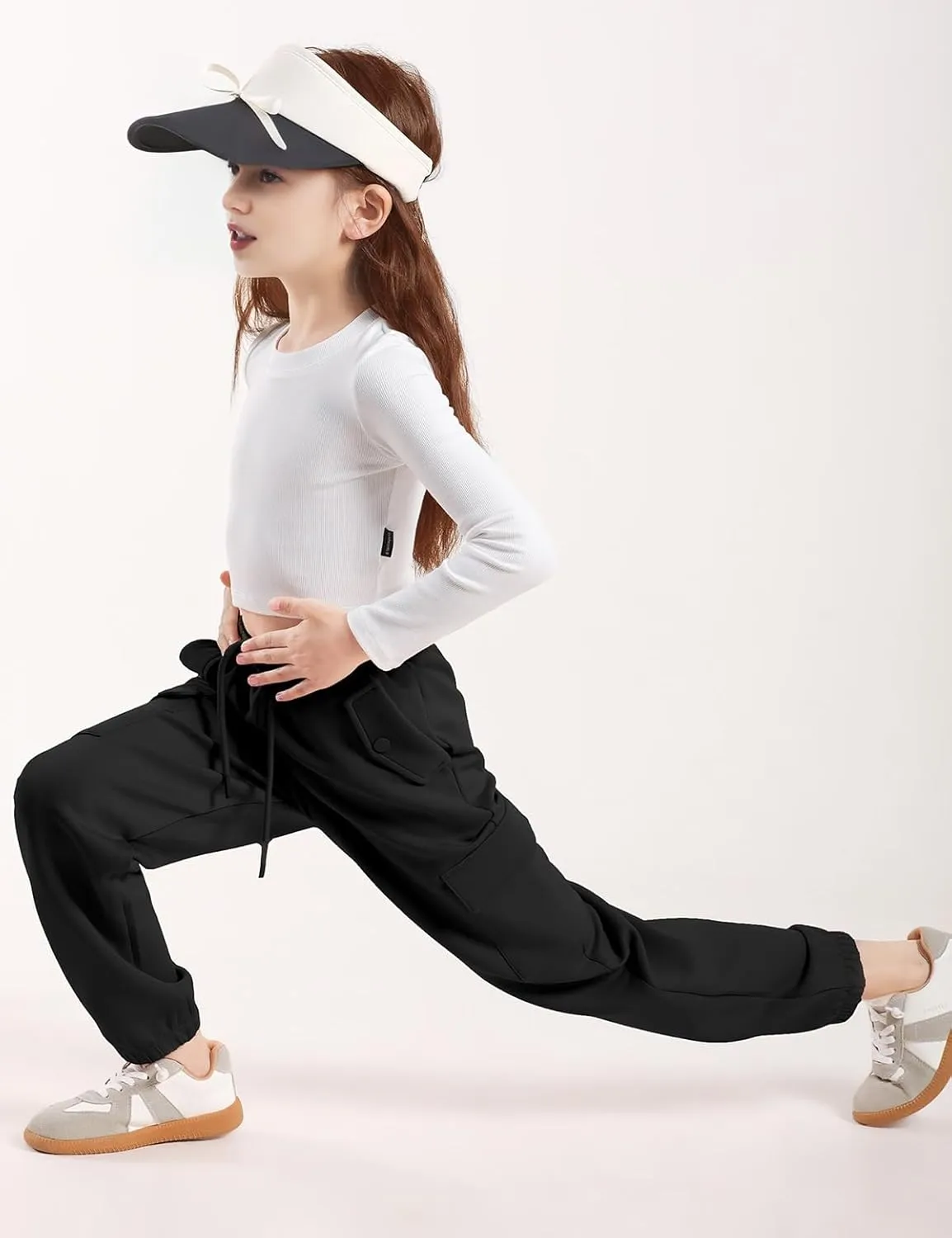 Girls Cargo Pants Joggers, Quick Dry Casual Hiking Pants Slim Fit with Pockets Drawstring High Waisted, 8-14Y