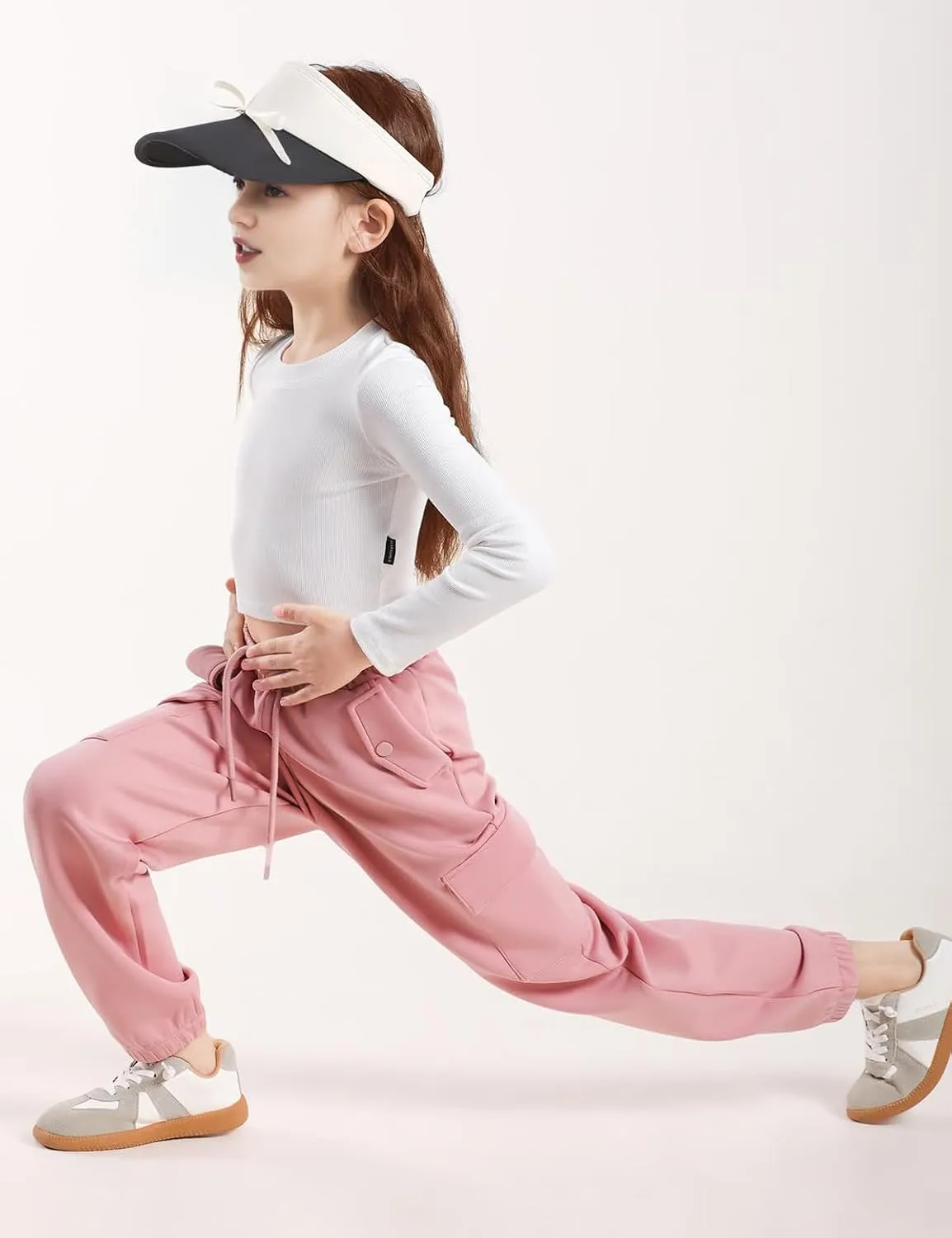 Girls Cargo Pants Joggers, Quick Dry Casual Hiking Pants Slim Fit with Pockets Drawstring High Waisted, 8-14Y