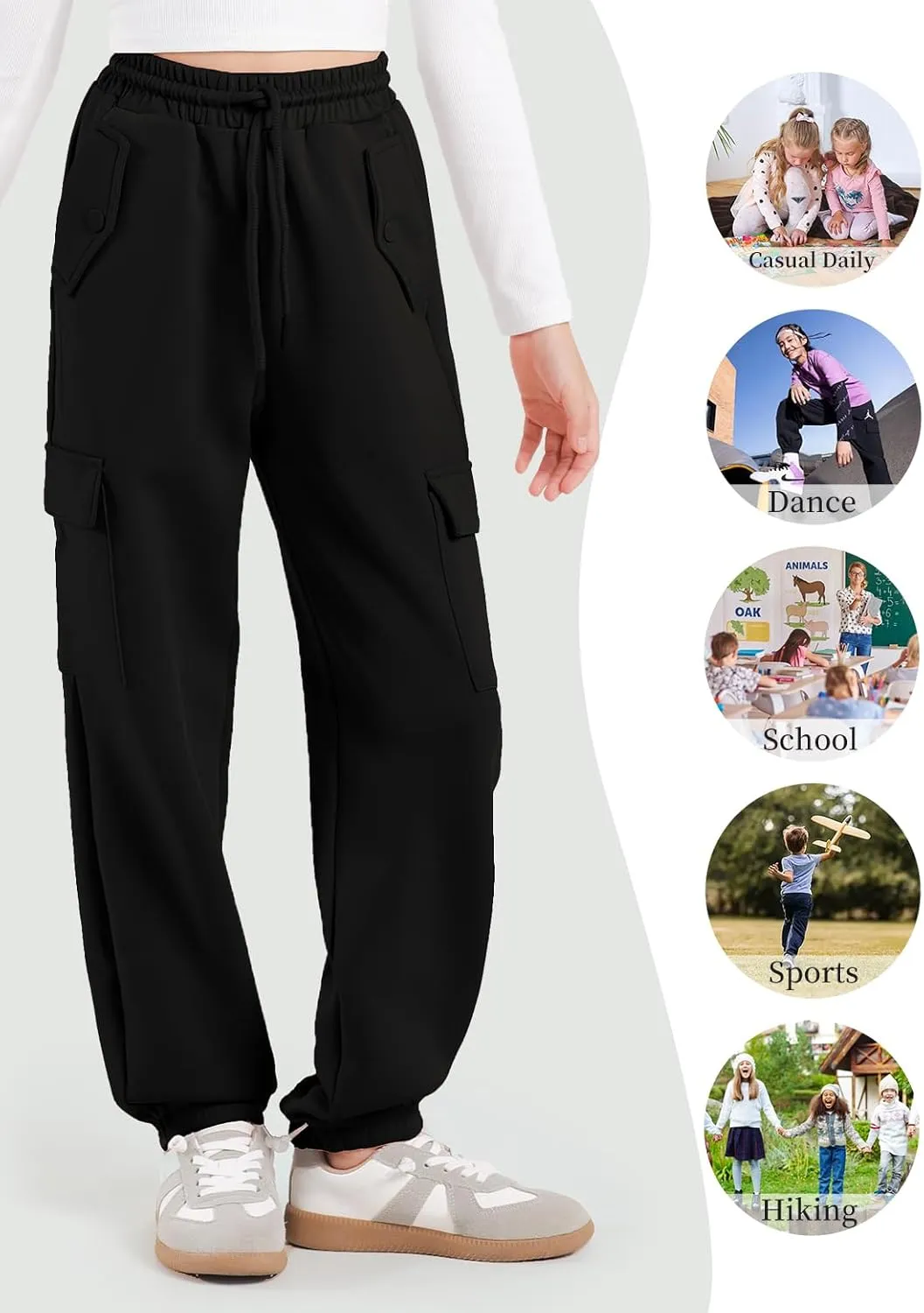 Girls Cargo Pants Joggers, Quick Dry Casual Hiking Pants Slim Fit with Pockets Drawstring High Waisted, 8-14Y