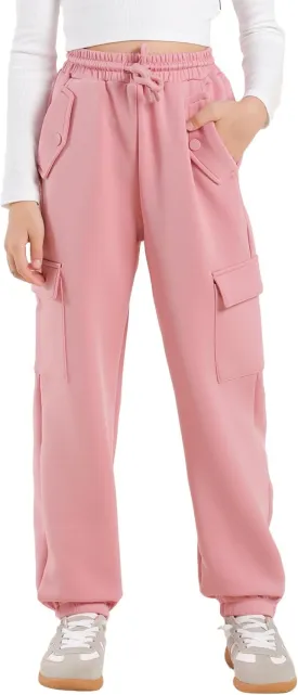 Girls Cargo Pants Joggers, Quick Dry Casual Hiking Pants Slim Fit with Pockets Drawstring High Waisted, 8-14Y