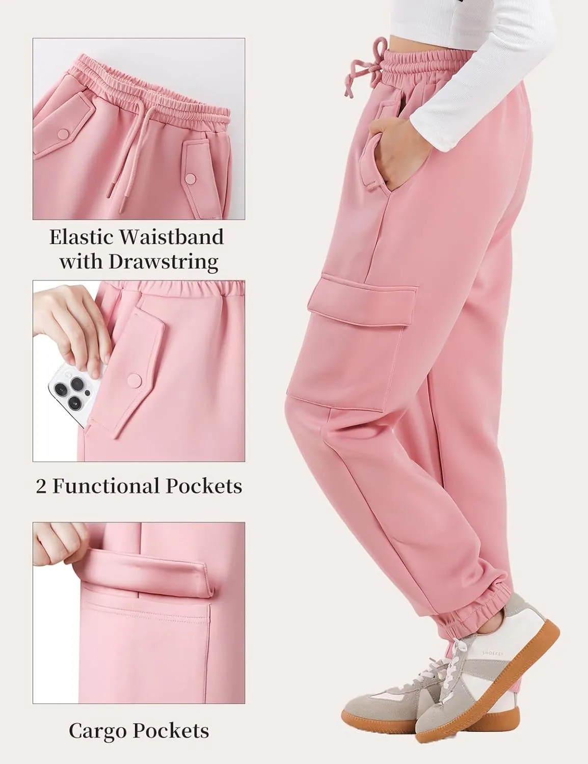 Girls Cargo Pants Joggers, Quick Dry Casual Hiking Pants Slim Fit with Pockets Drawstring High Waisted, 8-14Y
