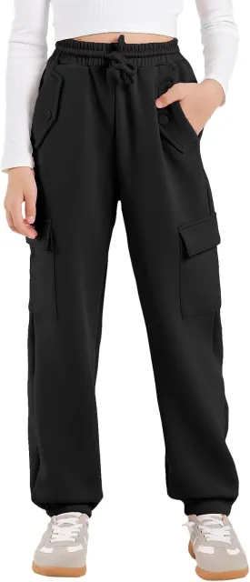Girls Cargo Pants Joggers, Quick Dry Casual Hiking Pants Slim Fit with Pockets Drawstring High Waisted, 8-14Y