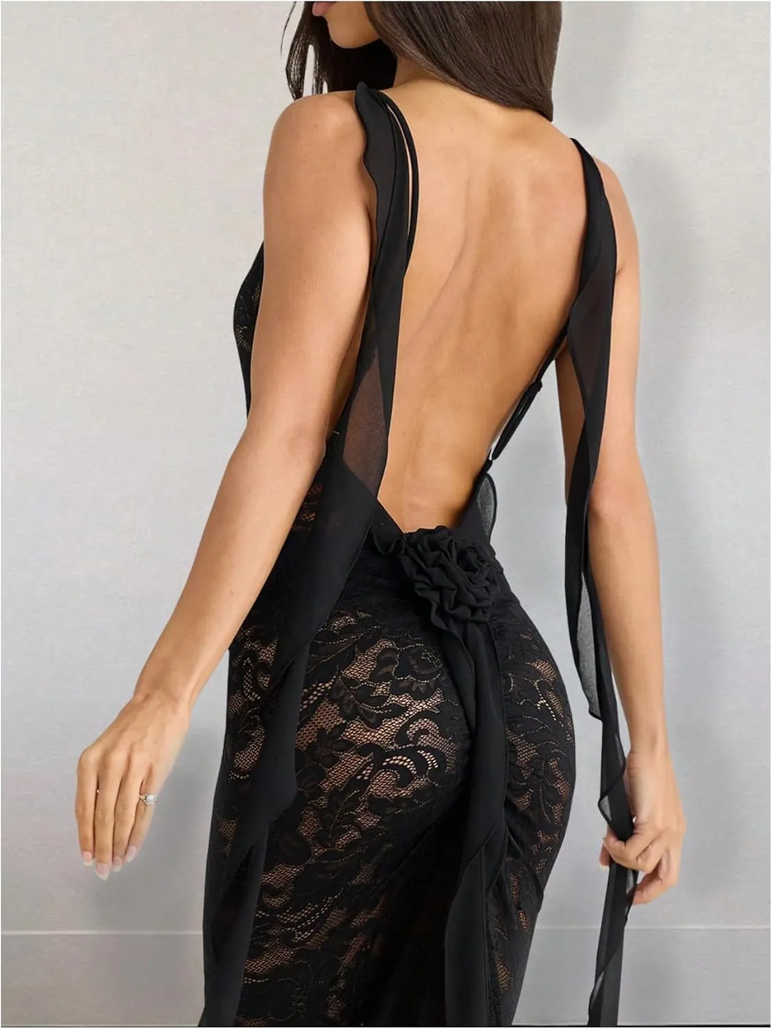 GORGLITTER Women's Lace Flower Bodycon Maxi Dress Open Back Mesh Fringe Wedding Guest Cocktail Birthday Dinner Dresses