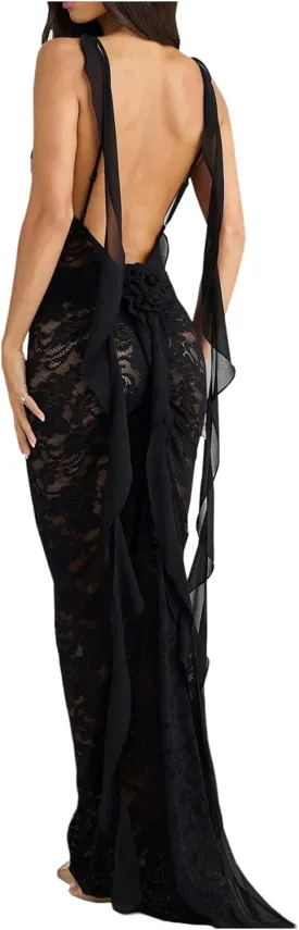 GORGLITTER Women's Lace Flower Bodycon Maxi Dress Open Back Mesh Fringe Wedding Guest Cocktail Birthday Dinner Dresses
