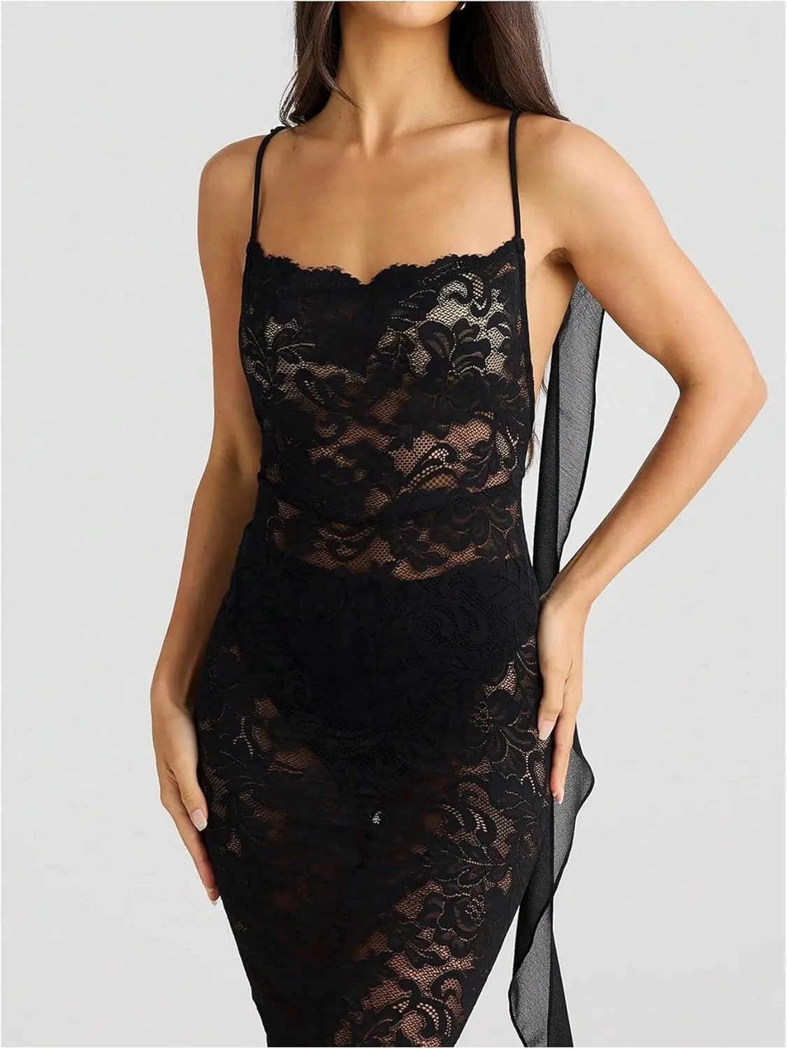 GORGLITTER Women's Lace Flower Bodycon Maxi Dress Open Back Mesh Fringe Wedding Guest Cocktail Birthday Dinner Dresses