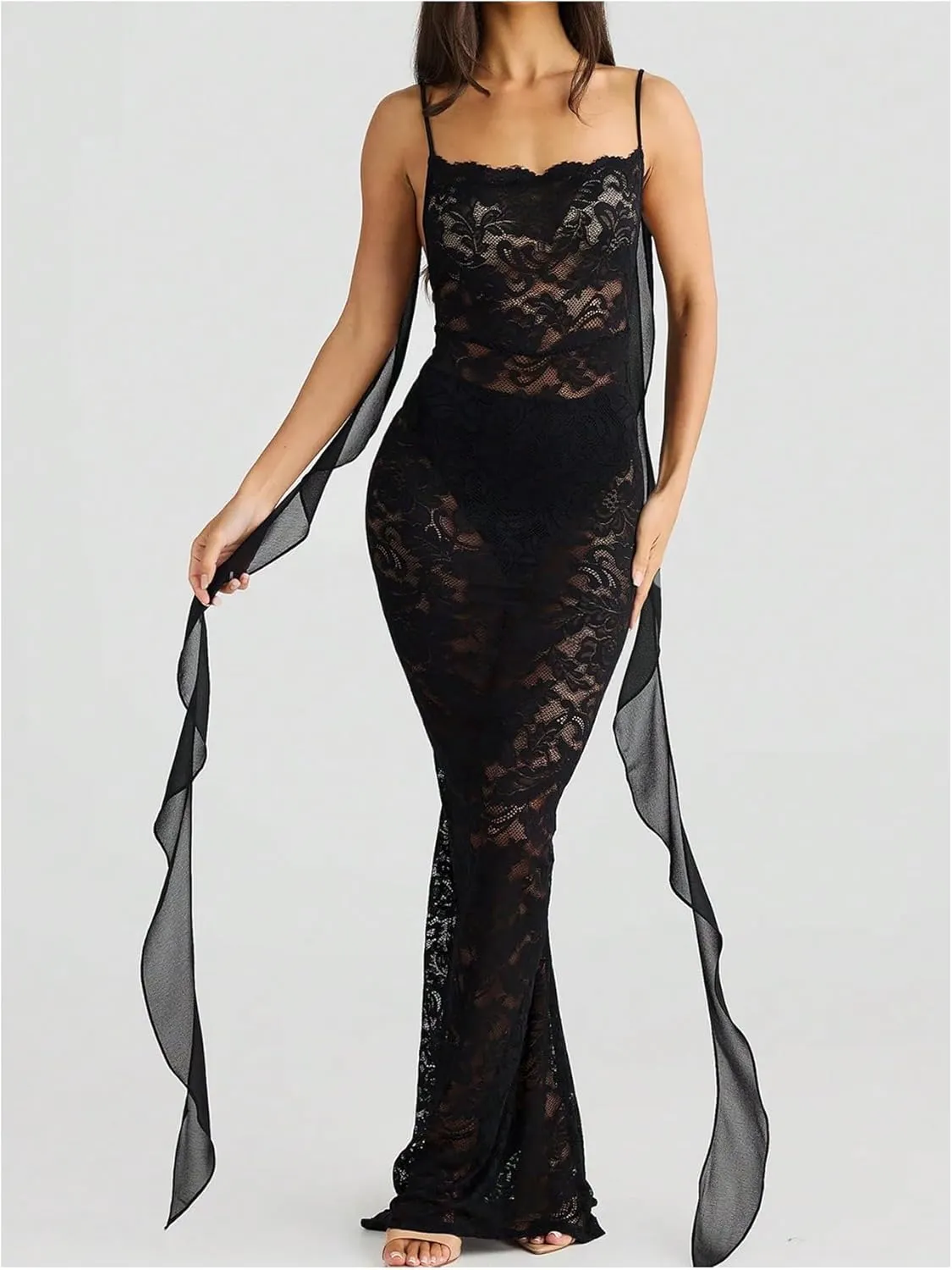 GORGLITTER Women's Lace Flower Bodycon Maxi Dress Open Back Mesh Fringe Wedding Guest Cocktail Birthday Dinner Dresses
