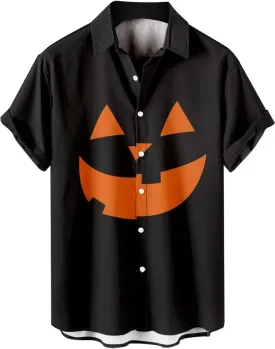 Halloween Shirt Men Fun Pumpkins Skull Men's Halloween Button Up Shirt Hawaiian Funky Holiday Festival Party Shirts