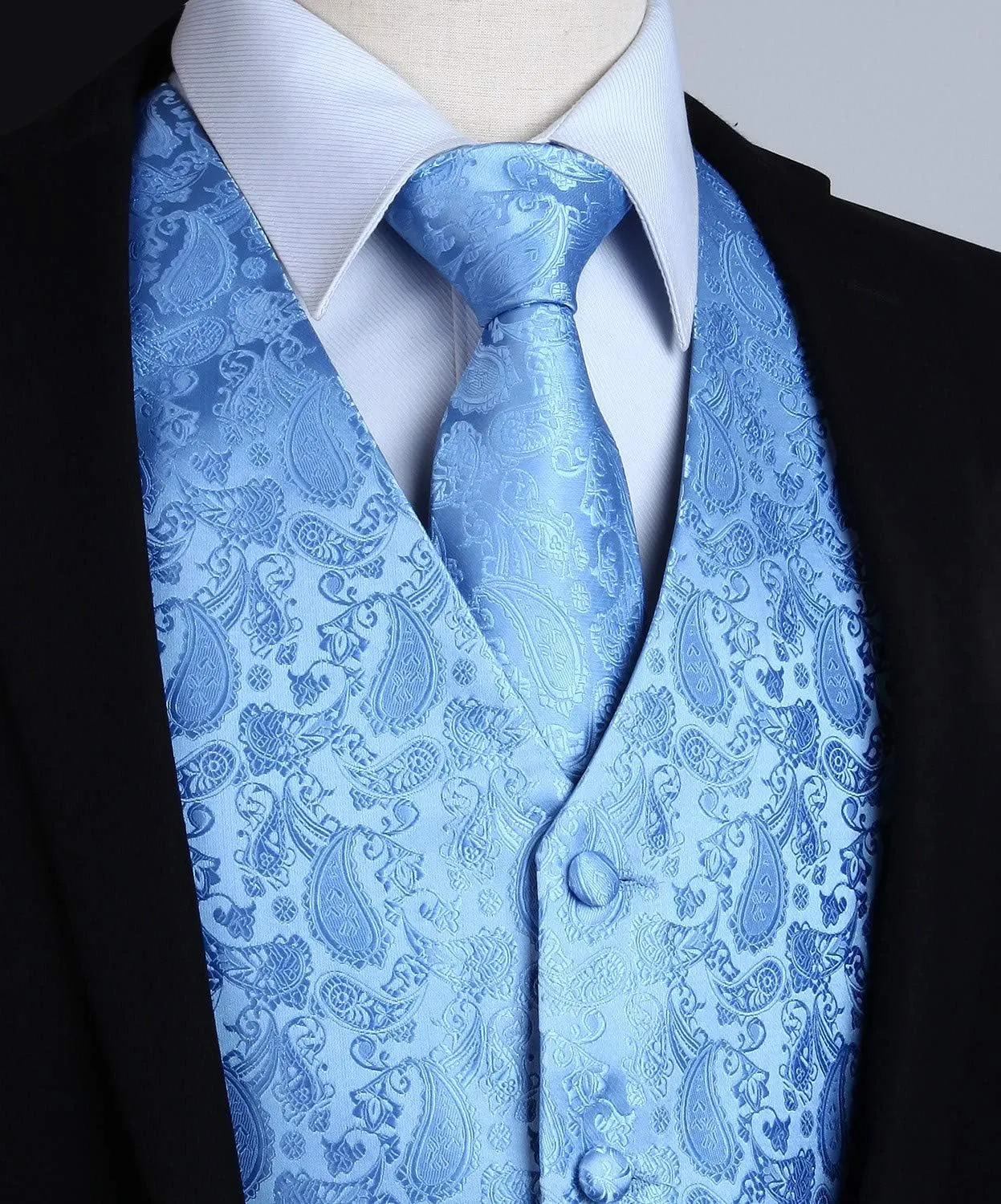 HISDERN 3PC Men's Paisley Floral Jacquard Suit Vest & Necktie and Pocket Square Formal Waistcoat for Tuxedo Wedding Party