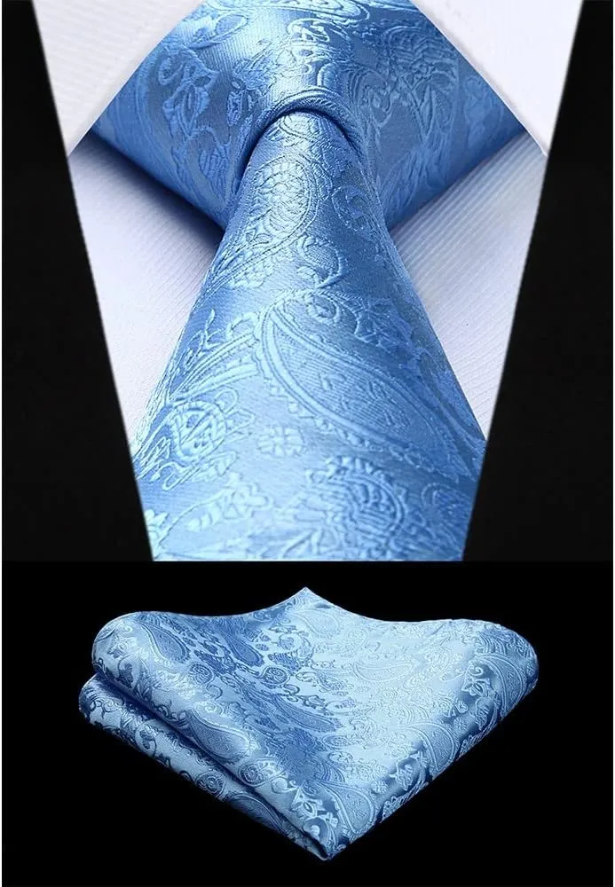 HISDERN 3PC Men's Paisley Floral Jacquard Suit Vest & Necktie and Pocket Square Formal Waistcoat for Tuxedo Wedding Party