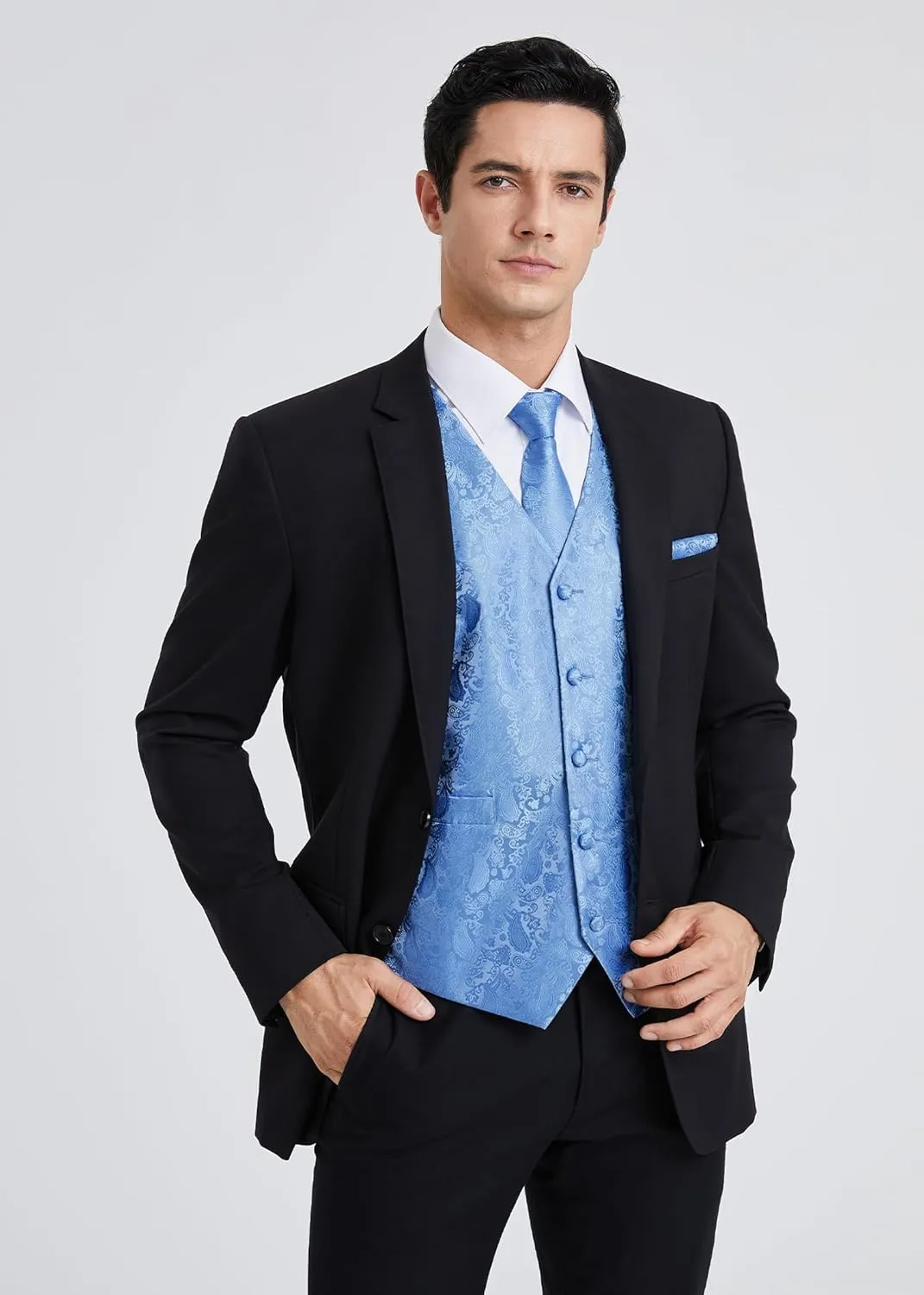 HISDERN 3PC Men's Paisley Floral Jacquard Suit Vest & Necktie and Pocket Square Formal Waistcoat for Tuxedo Wedding Party