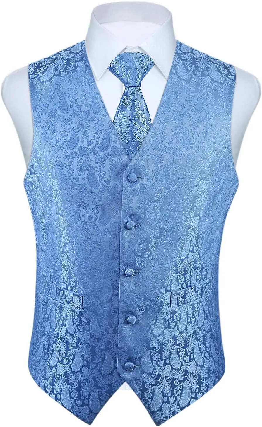 HISDERN 3PC Men's Paisley Floral Jacquard Suit Vest & Necktie and Pocket Square Formal Waistcoat for Tuxedo Wedding Party