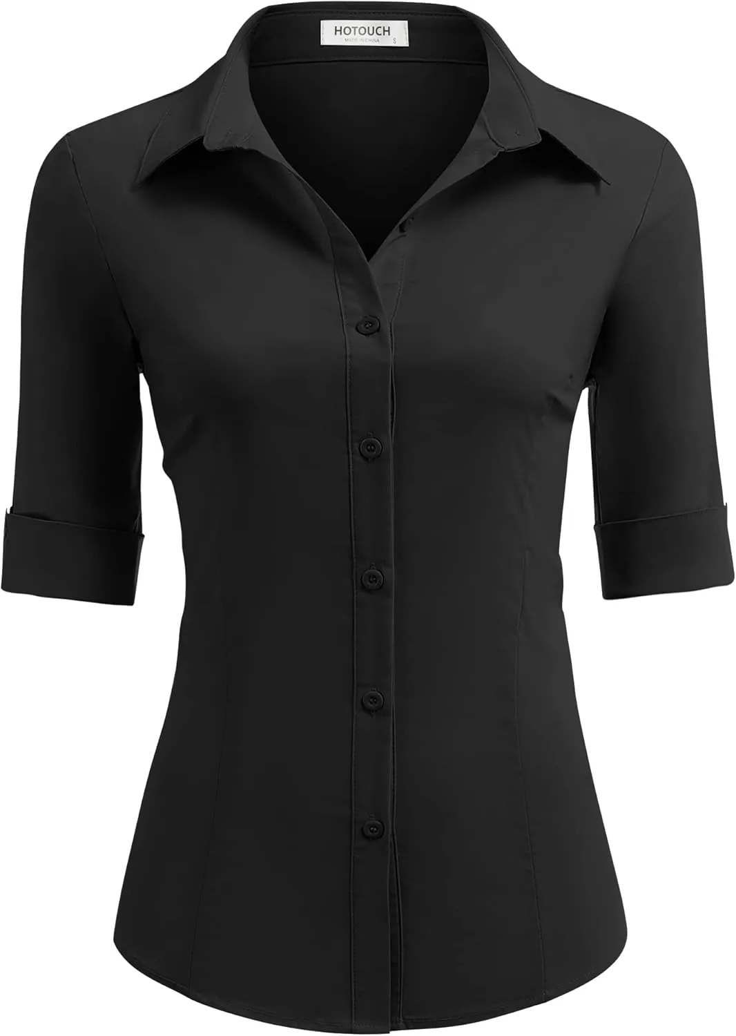 HOTOUCH Women's Basic Button Down Shirts 3/4 Sleeve Stretch Button Up Dress Shirt Slim Fit Waitress Work Shirts