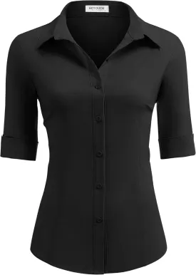 HOTOUCH Women's Basic Button Down Shirts 3/4 Sleeve Stretch Button Up Dress Shirt Slim Fit Waitress Work Shirts