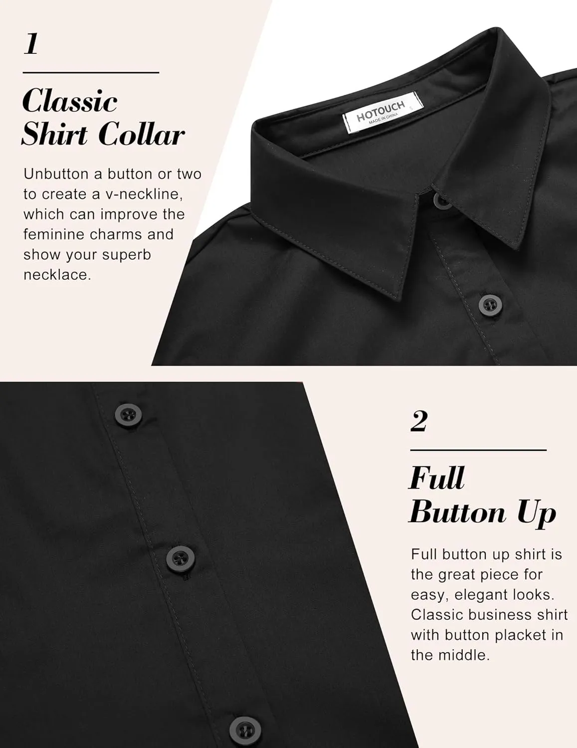 HOTOUCH Women's Basic Button Down Shirts 3/4 Sleeve Stretch Button Up Dress Shirt Slim Fit Waitress Work Shirts