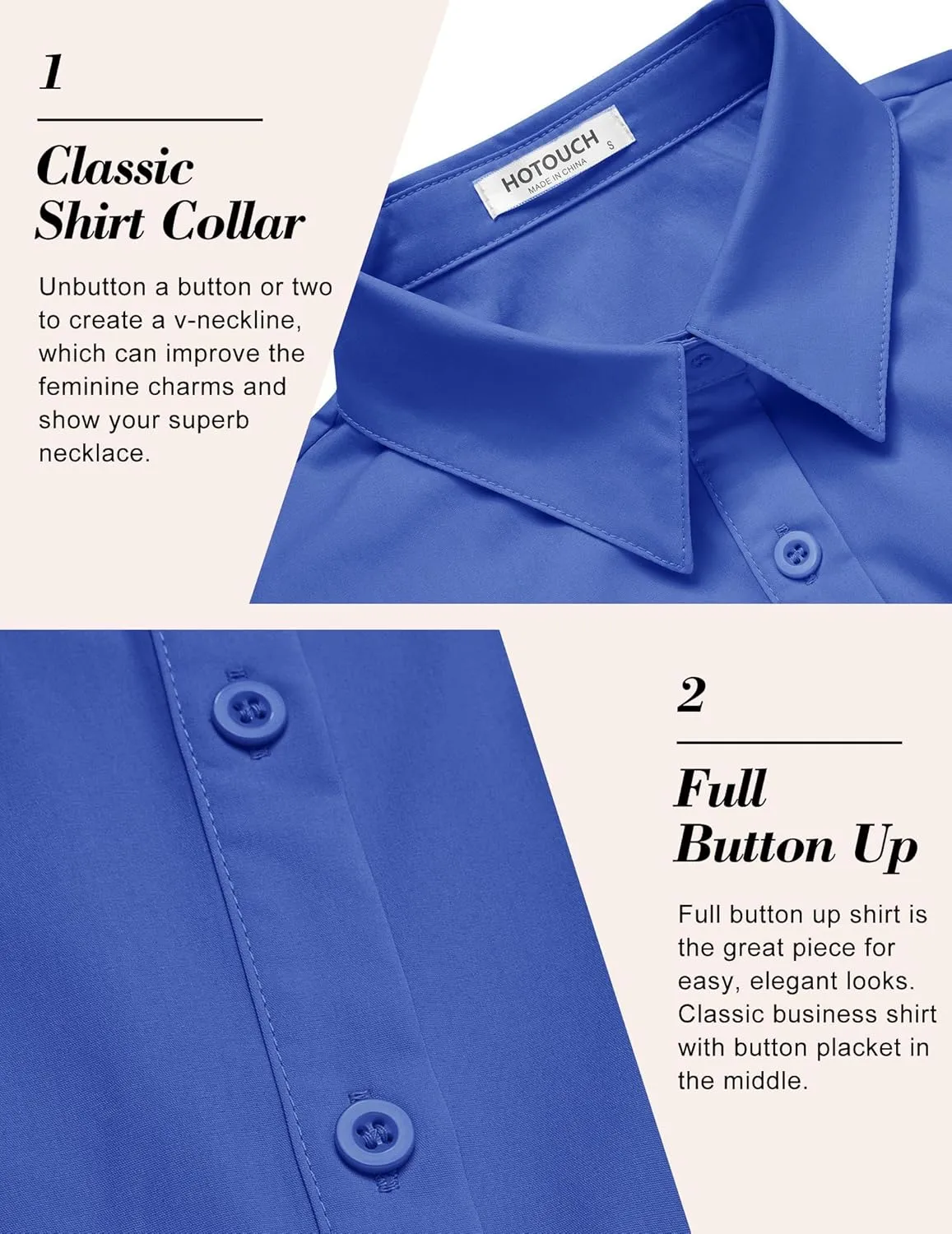 HOTOUCH Women's Basic Button Down Shirts 3/4 Sleeve Stretch Button Up Dress Shirt Slim Fit Waitress Work Shirts