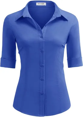 HOTOUCH Women's Basic Button Down Shirts 3/4 Sleeve Stretch Button Up Dress Shirt Slim Fit Waitress Work Shirts
