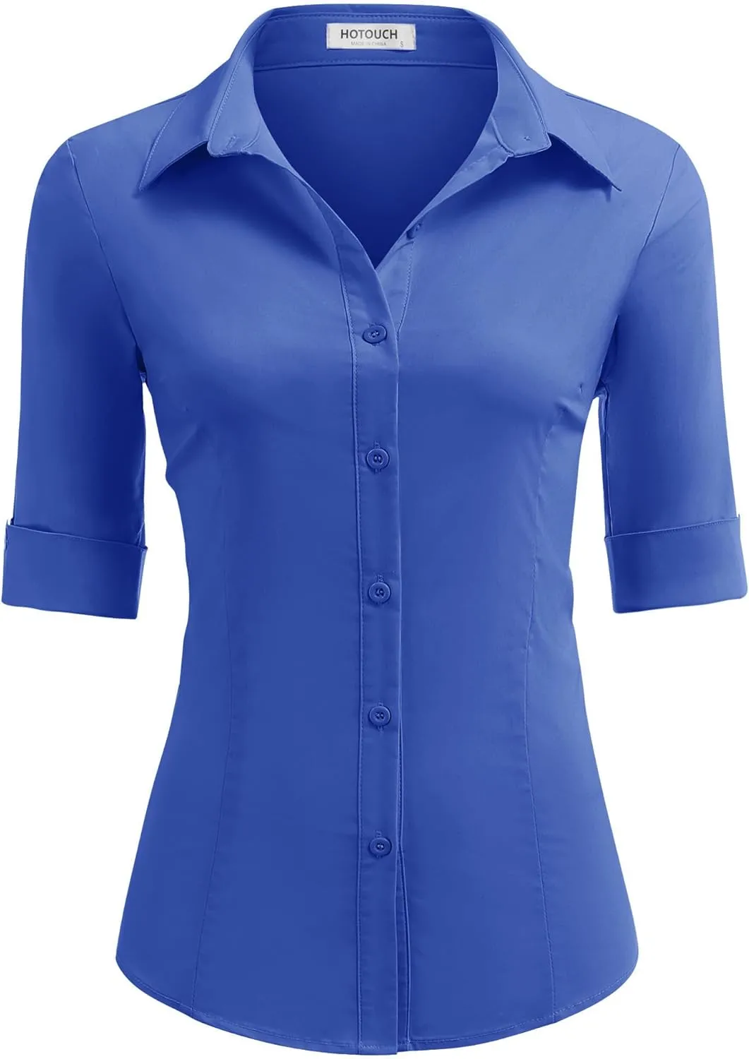 HOTOUCH Women's Basic Button Down Shirts 3/4 Sleeve Stretch Button Up Dress Shirt Slim Fit Waitress Work Shirts