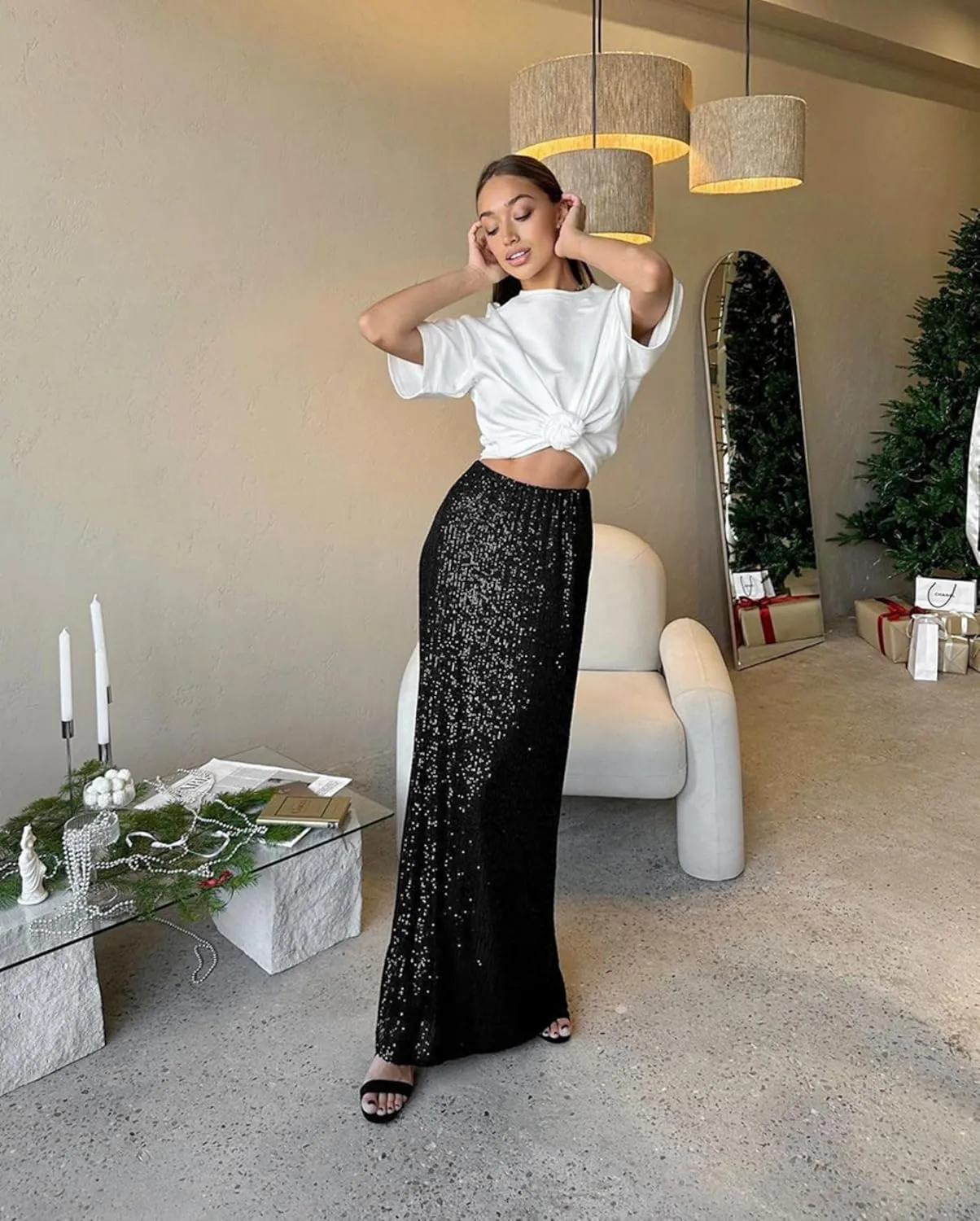 JUMISEE Womens Silver Sequin Midi Skirt Stretchy High Waist Long Skirt Glitter Pencil Skirt for Night Out Party
