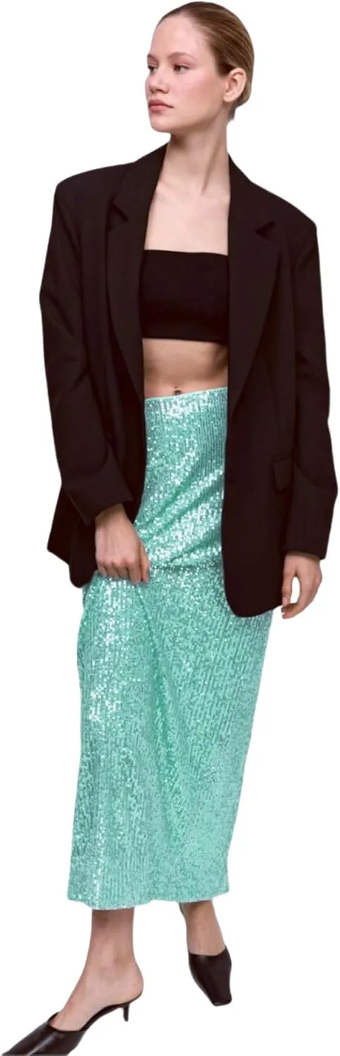 JUMISEE Womens Silver Sequin Midi Skirt Stretchy High Waist Long Skirt Glitter Pencil Skirt for Night Out Party