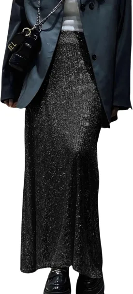 JUMISEE Womens Silver Sequin Midi Skirt Stretchy High Waist Long Skirt Glitter Pencil Skirt for Night Out Party