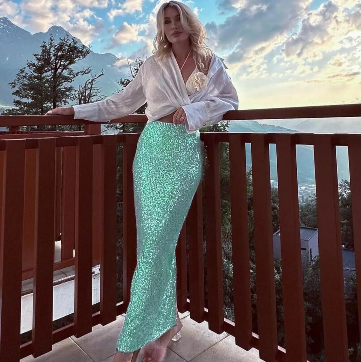 JUMISEE Womens Silver Sequin Midi Skirt Stretchy High Waist Long Skirt Glitter Pencil Skirt for Night Out Party
