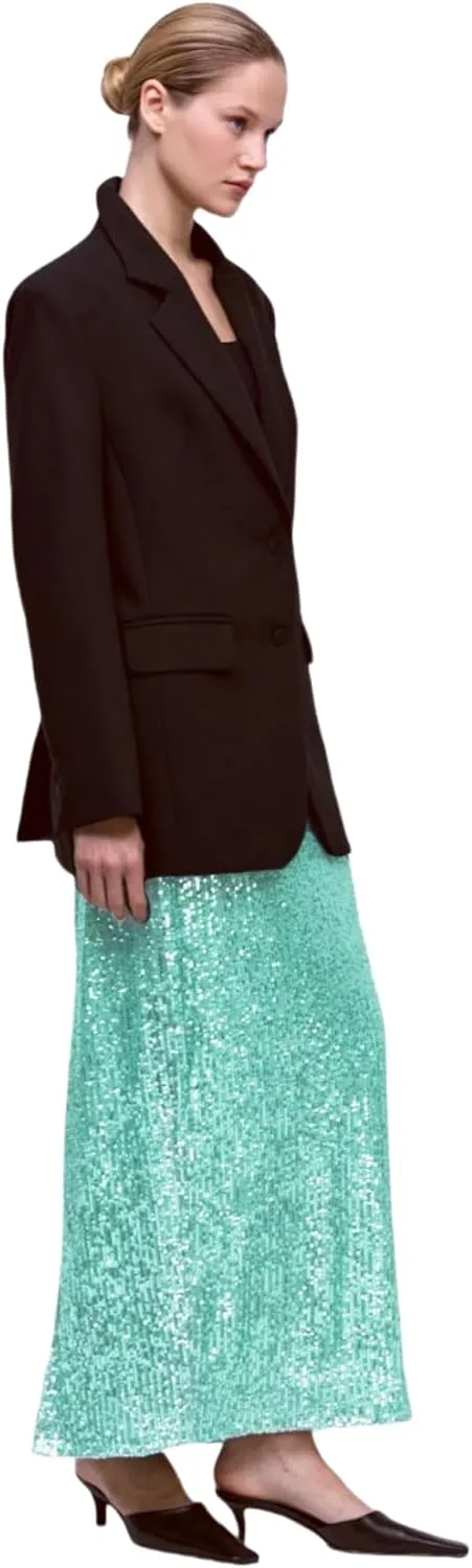 JUMISEE Womens Silver Sequin Midi Skirt Stretchy High Waist Long Skirt Glitter Pencil Skirt for Night Out Party