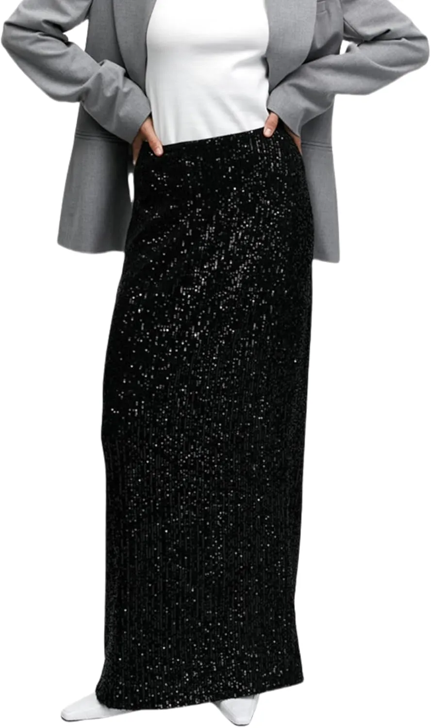 JUMISEE Womens Silver Sequin Midi Skirt Stretchy High Waist Long Skirt Glitter Pencil Skirt for Night Out Party