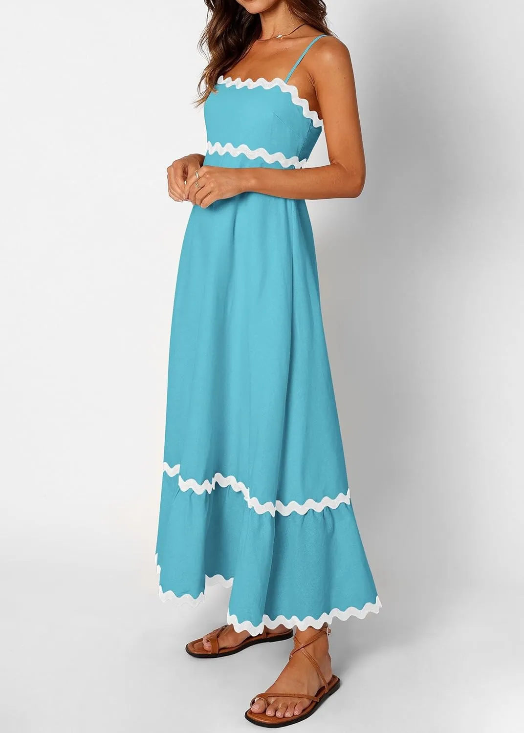 KIRUNDO Womens Summer Dresses 2025 Boho Spaghetti Strap Sleeveless Smocked Rickrack Trim Flowy Beach Vacation Midi Sundress