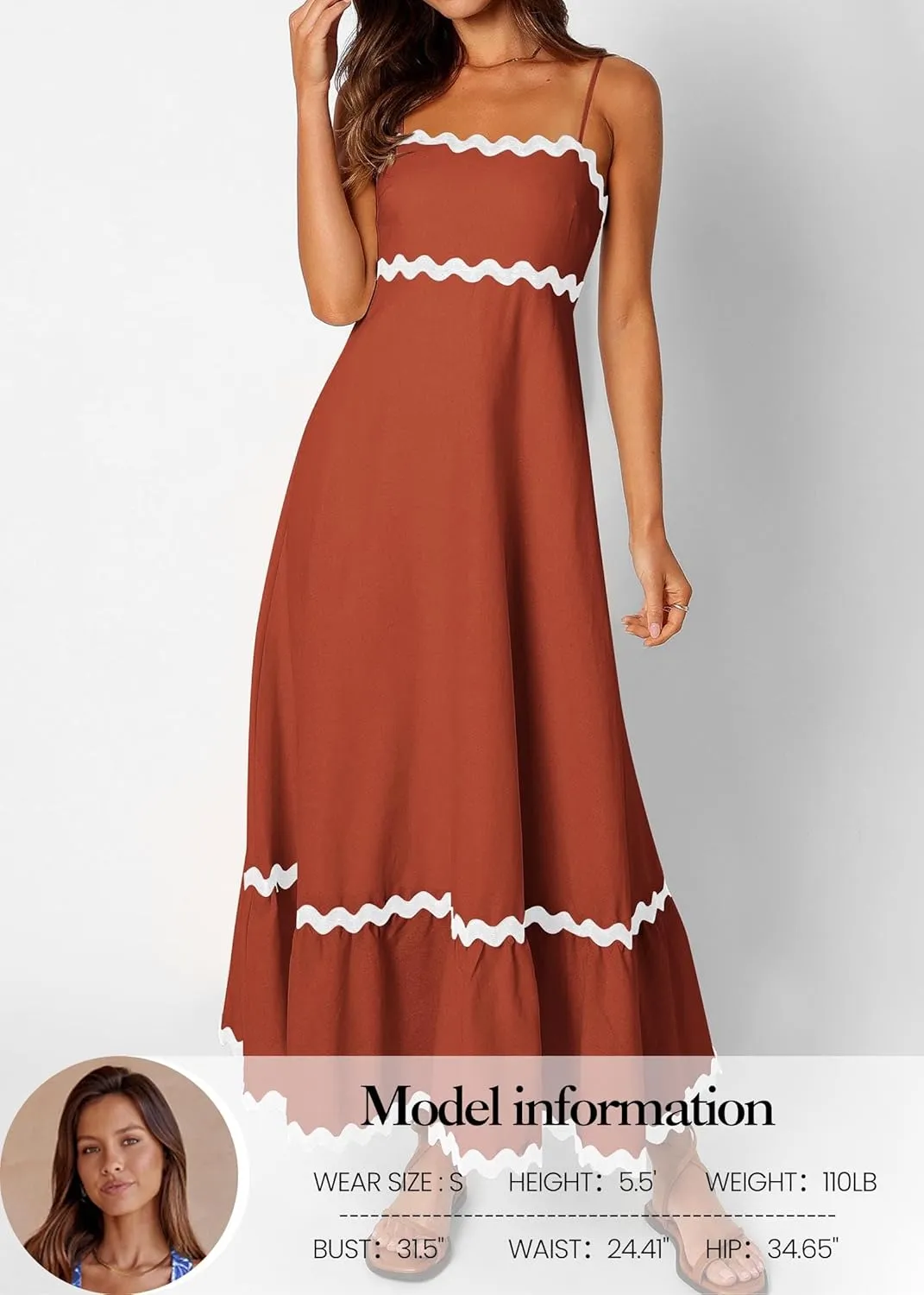 KIRUNDO Womens Summer Dresses 2025 Boho Spaghetti Strap Sleeveless Smocked Rickrack Trim Flowy Beach Vacation Midi Sundress