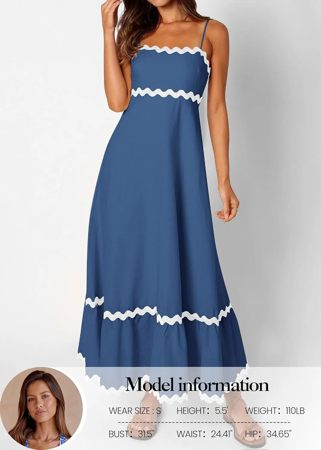 KIRUNDO Womens Summer Dresses 2025 Boho Spaghetti Strap Sleeveless Smocked Rickrack Trim Flowy Beach Vacation Midi Sundress